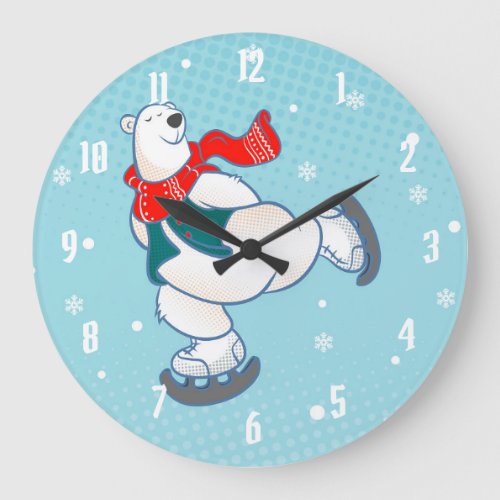 Polar bear on ice skates large clock