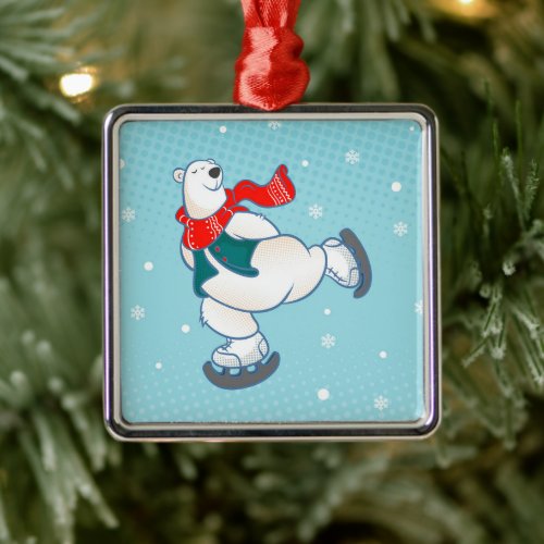 Polar bear on ice skates metal ornament
