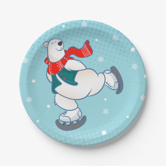Polar bear on ice skates paper plates (Front)