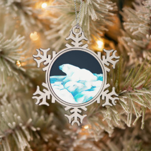 Polar Bear On Ice Snowflake Pewter Christmas Ornament