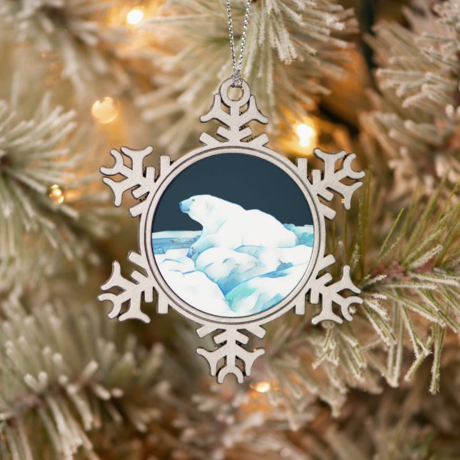 Polar Bear On Ice Snowflake Pewter Christmas Ornament (Tree)