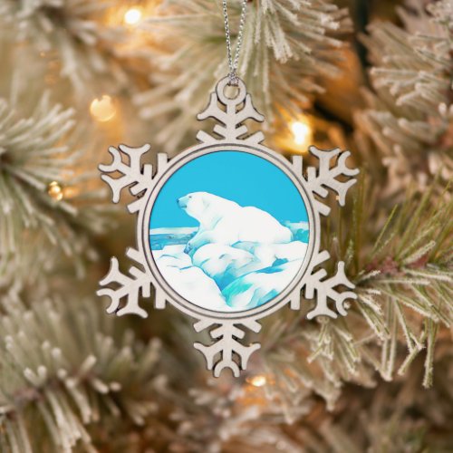 Polar Bear On Ice Snowflake Pewter Christmas Ornament