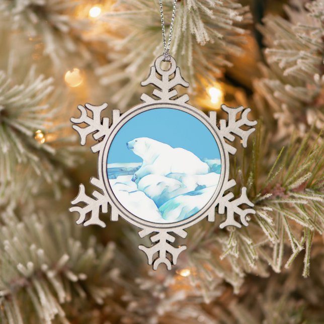 Polar Bear On Ice Snowflake Pewter Christmas Ornament (Tree)