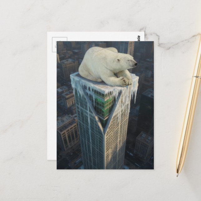 Polar Bear on Skyscraper melting ice surreal  Postcard (Front/Back In Situ)