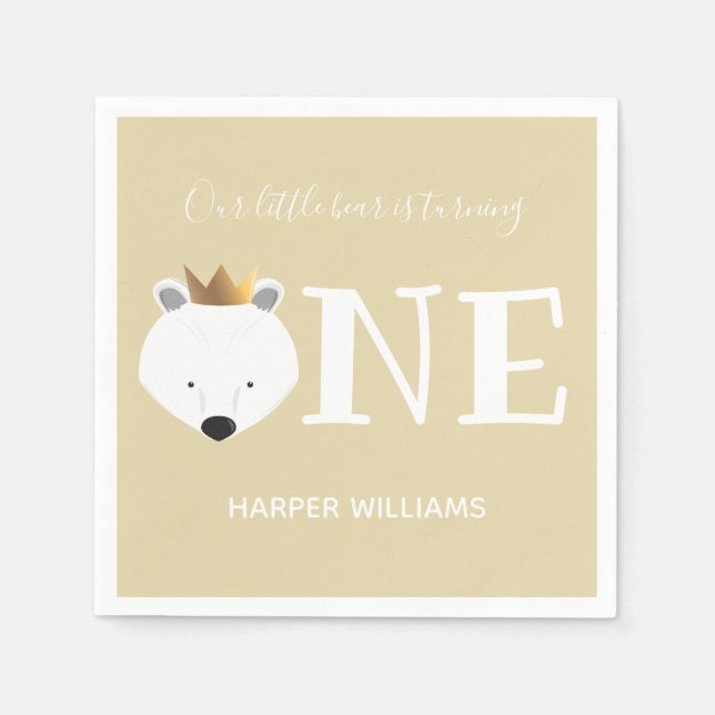 Polar Bear One Crown Animal First Birthday Napkins (Front)
