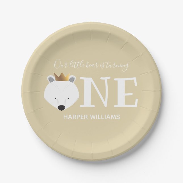 Polar Bear One Crown Animal First Birthday Paper Plates (Front)
