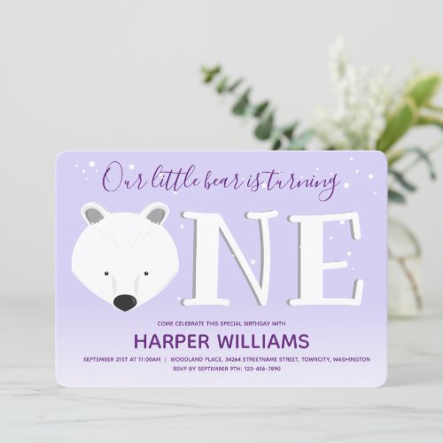 Polar Bear One Purple Winter Animal 1st Birthday Invitation