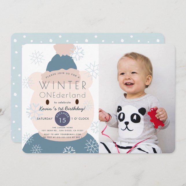 Polar Bear Onederland Boy 1st Photo Birthday Invitation (Front/Back)