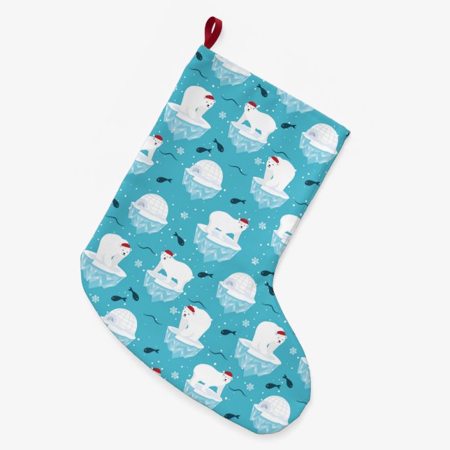 Polar Bear Party Large Christmas Stocking (Front (Hanging))