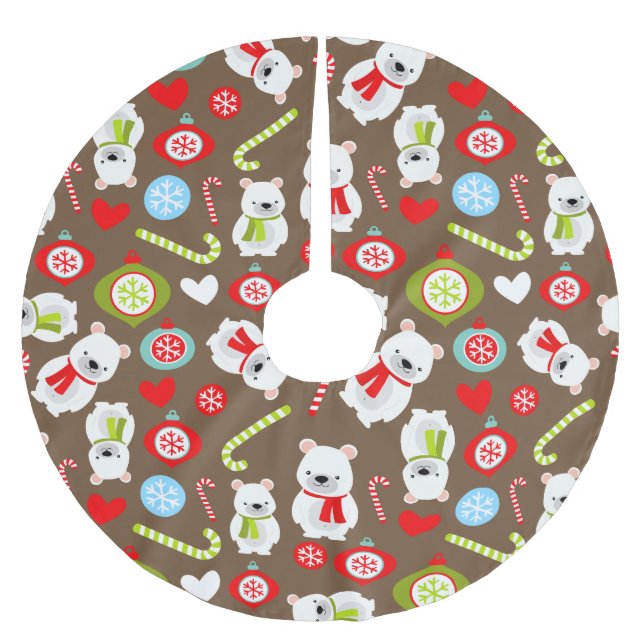 Polar Bear Pattern Candy Cane - Brown Brushed Polyester Tree Skirt (Front)