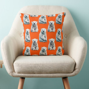 Polar Bear Pattern Design On Orange  Throw Pillow