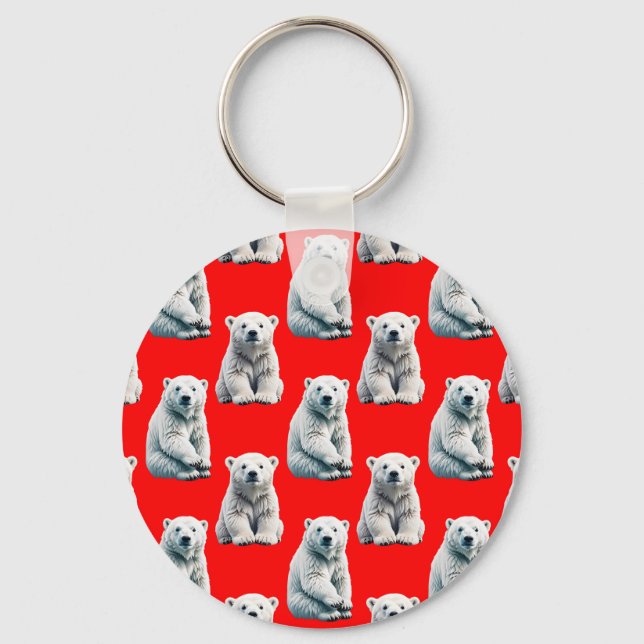 Polar Bear Pattern Design On Red  Keychain (Front)