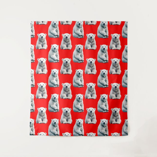 Polar Bear Pattern Design On Red  Tapestry (Front)