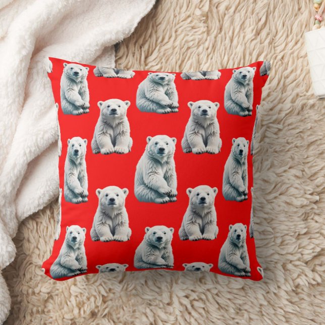 Polar Bear Pattern Design On Red  Throw Pillow (Creator Uploaded)
