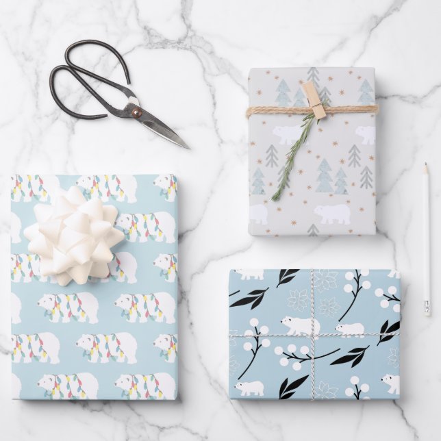 Polar Bear Patterns Blue Christmas Holiday Wrapping Paper Sheets (Front)