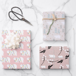 Polar Bear Patterns Pink Christmas Holiday Wrapping Paper Sheets