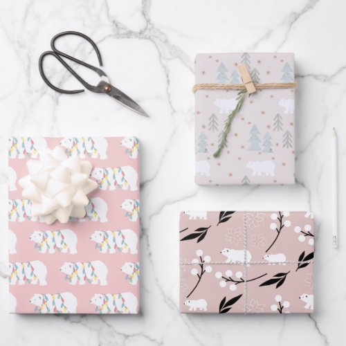 Polar Bear Patterns Pink Christmas Holiday Wrapping Paper Sheets