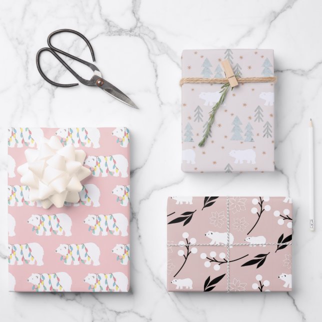 Polar Bear Patterns Pink Christmas Holiday Wrapping Paper Sheets (Front)