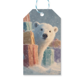 Polar Bear Peeking from Behind a Stack of Presents Gift Tags