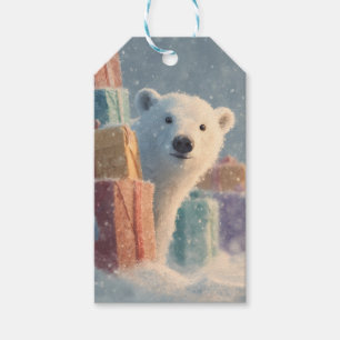 Polar Bear Peeking from Behind a Stack of Presents Gift Tags
