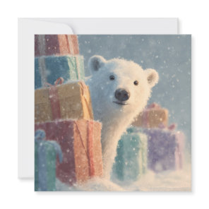 Polar Bear Peeking from Behind a Stack of Presents Holiday Card