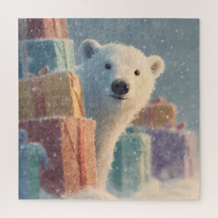 Polar Bear Peeking from Behind a Stack of Presents Jigsaw Puzzle