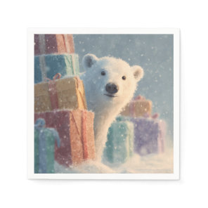 Polar Bear Peeking from Behind a Stack of Presents Napkins
