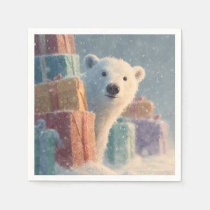 Polar Bear Peeking from Behind a Stack of Presents Napkins