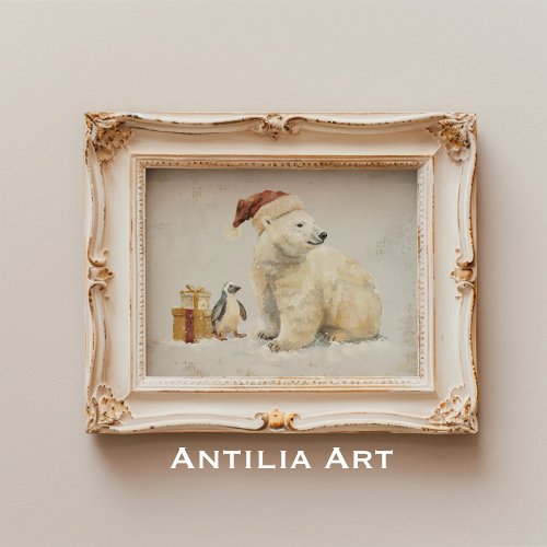 Polar Bear  Penguin Painting Whimsical Christmas Poster