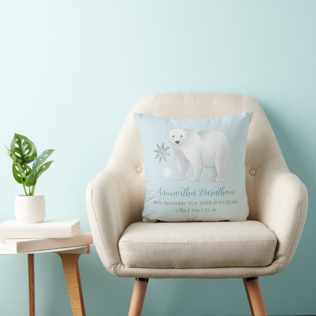 Polar Bear Personalized Baby Birth Stats Nursery  Throw Pillow (Chair)