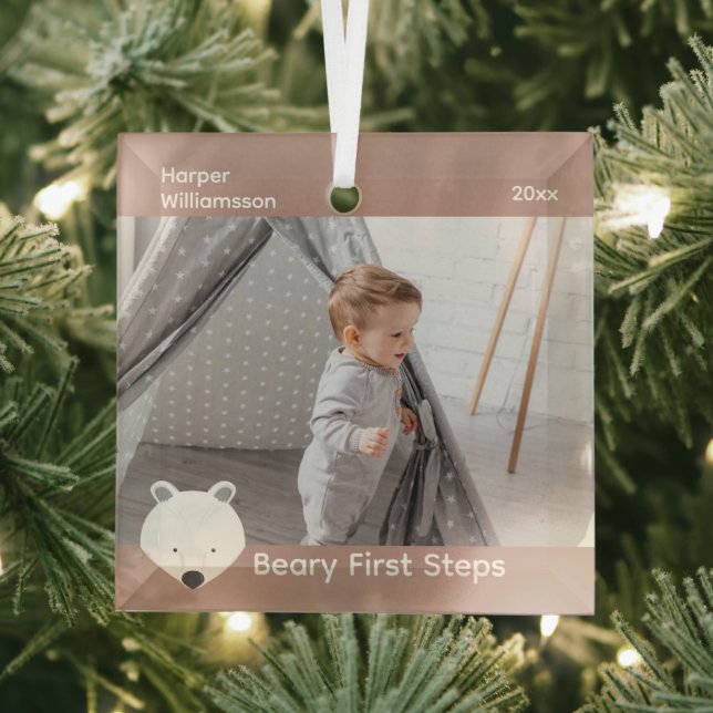Polar Bear Photo Baby First Steps Christmas Glass Ornament (Insitu)