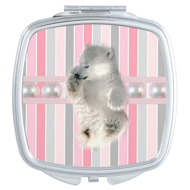 Polar Bear Pink White Stripe Compact Mirror (Front)