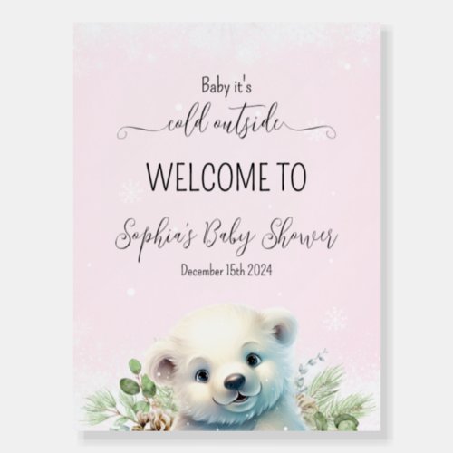 Polar Bear Pink Winter Baby Shower Welcome Sign