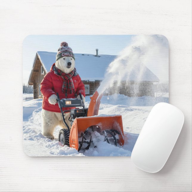 Polar Bear Pushing a Snowblower Mouse Pad (With Mouse)