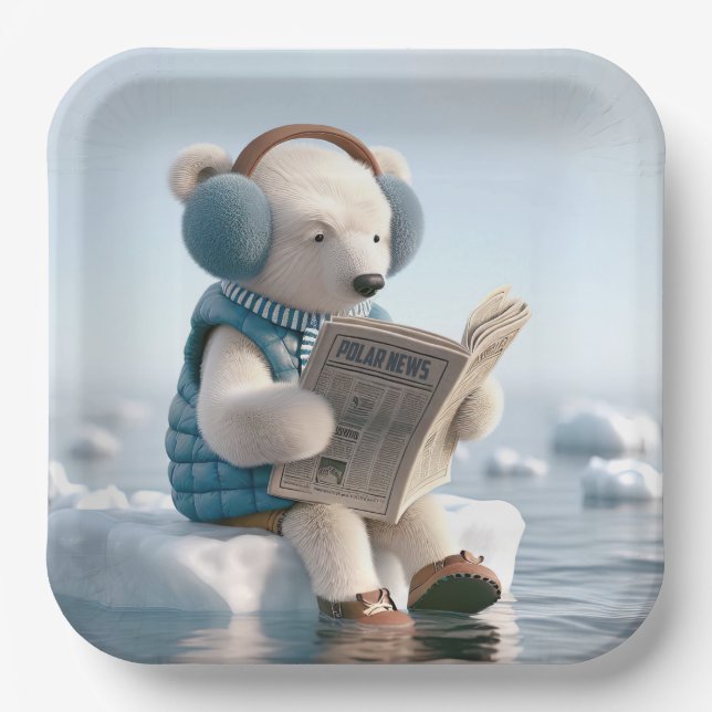 Polar Bear Reading a Newspaper Paper Plates (Front)