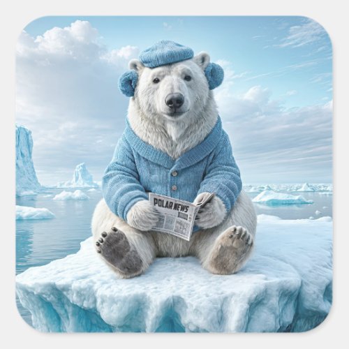 Polar Bear Reading a Newspaper Square Sticker