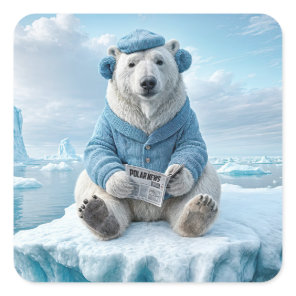 Polar Bear Reading a Newspaper Square Sticker