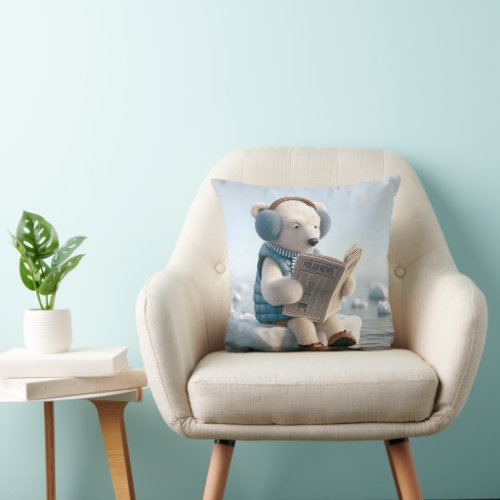 Polar Bear Reading a Newspaper Throw Pillow