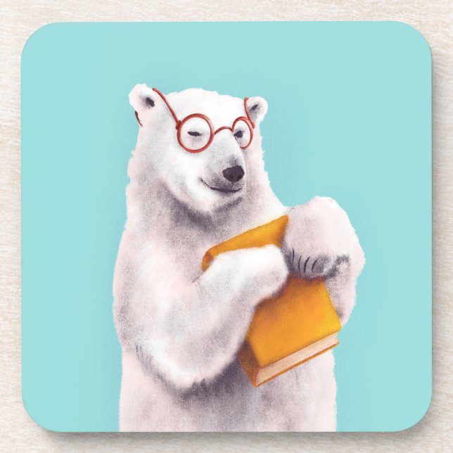 Polar Bear Reading Art – Book Lover Beverage Coaster (Front)