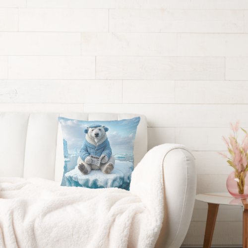 Polar Bear Reading The Newspaper Throw Pillow