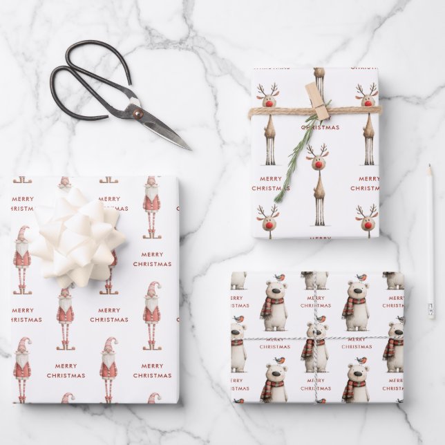 Polar Bear Santa and Reindeer Christmas Wrapping Paper Sheets (Front)