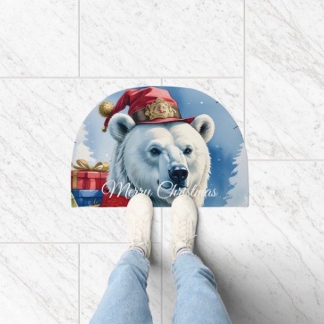 Polar Bear Santa Christmas Design Doormat (Non-slip D: 18.25" x27" smooth fleece sturdy latex backing. Indoor/outdoor areas. 
)