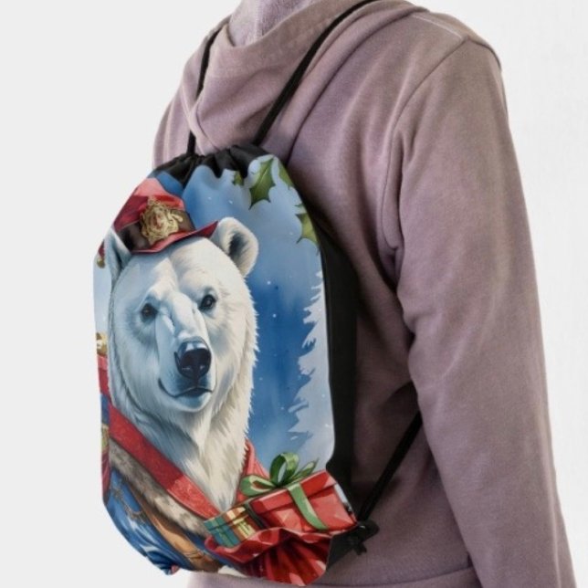 Polar Bear Santa Christmas Design Drawstring Bag (Made from 100% polyester constructed with reinforced black trim,  solid black back. 
)