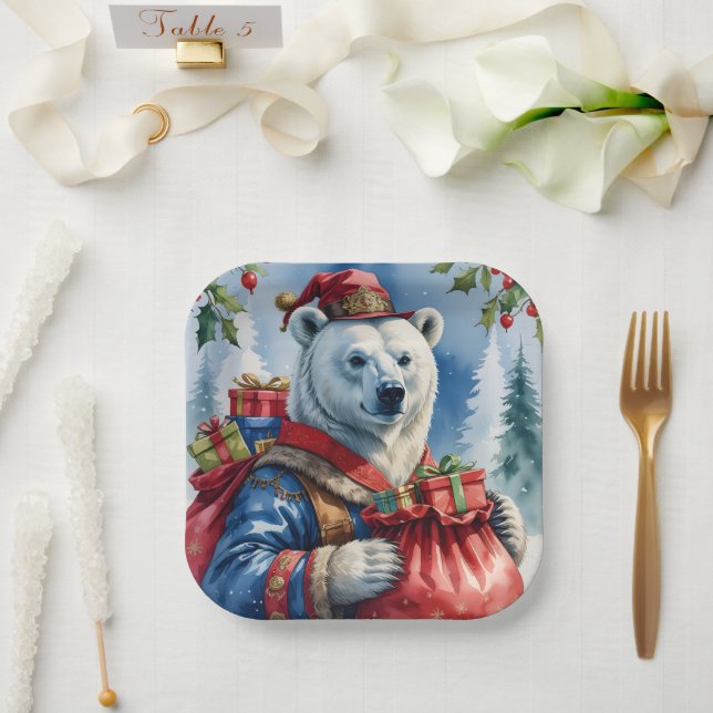 Polar Bear Santa Christmas Design Paper Plates (Wedding)