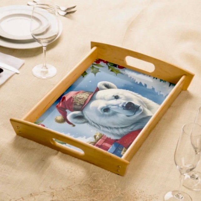 Polar Bear Santa Christmas Design Serving Tray (Serving Tray Natural & black finish 19” Wx14”L x 2.625” H glossy finish.)