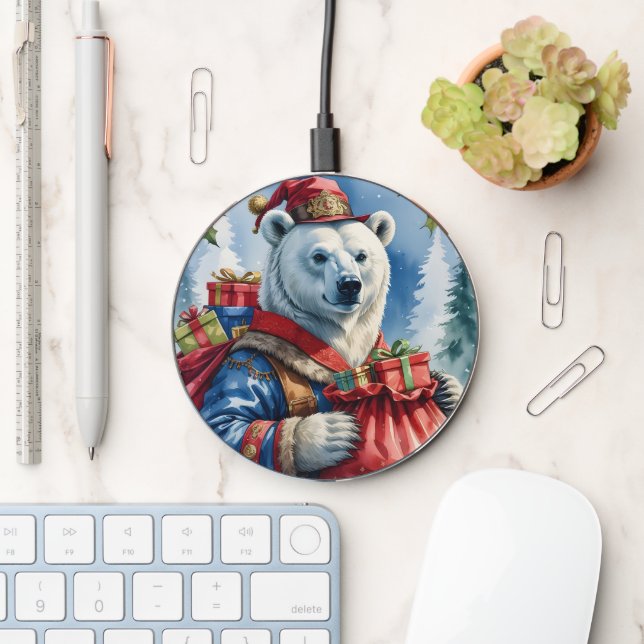 Polar Bear Santa Christmas Design Wireless Charger (Desk)