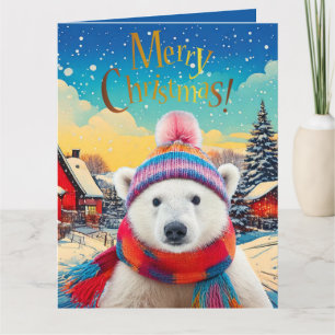 Polar Bear Santa hat and scarf Merry Christmas Card
