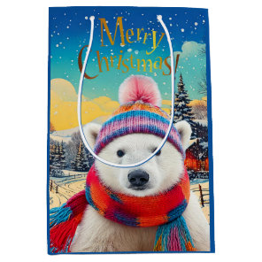 Polar Bear Santa hat and scarf Merry Christmas Medium Gift Bag