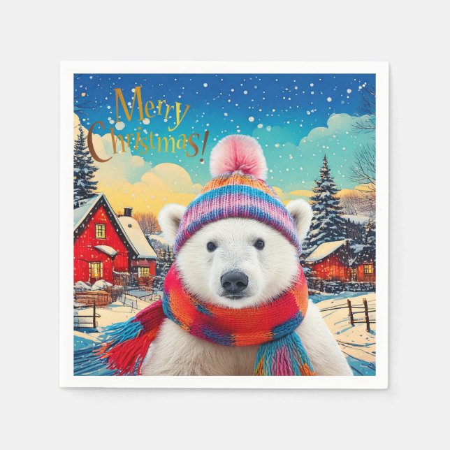 Polar Bear Santa hat and scarf Merry Christmas Napkins (Front)