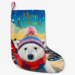 Polar Bear Santa hat and scarf Merry Christmas Small Christmas Stocking